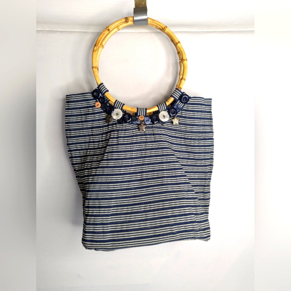 Old Country Road Handbag Bamboo Clutch Polyester Navy Blue Grey Stripes L-2